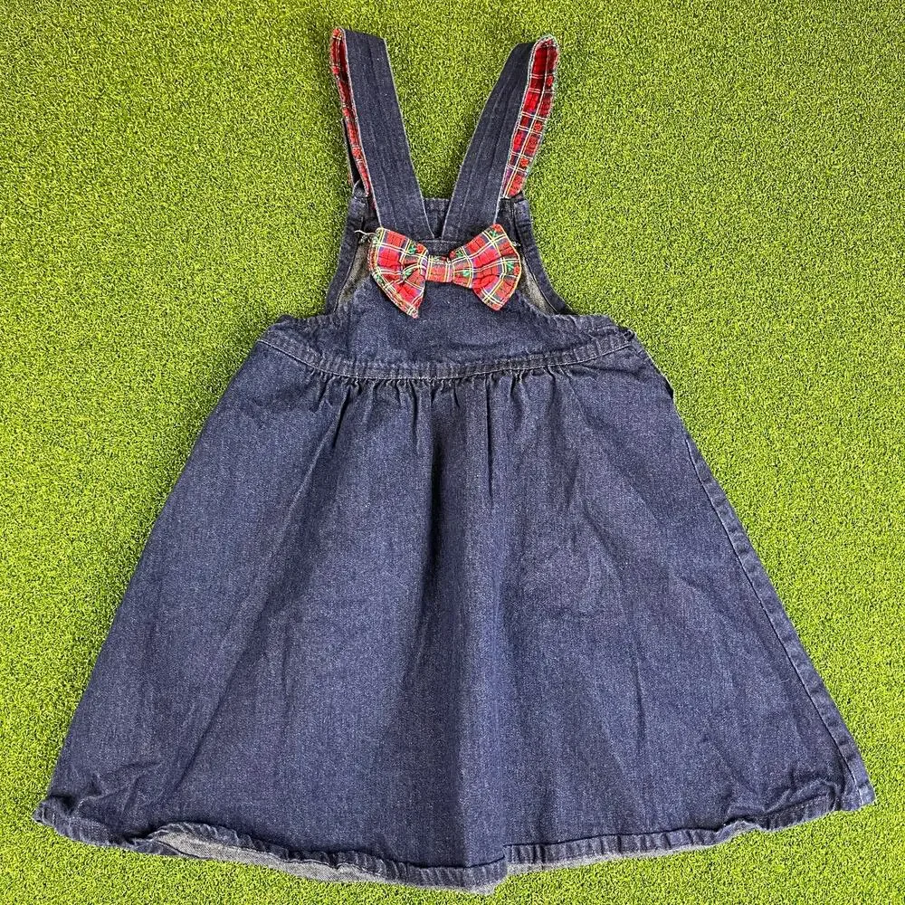 Vintage Y2K OshKosh B’Gosh Denim Jumper Overall Dress Red Plaid Toddler Sz 6x